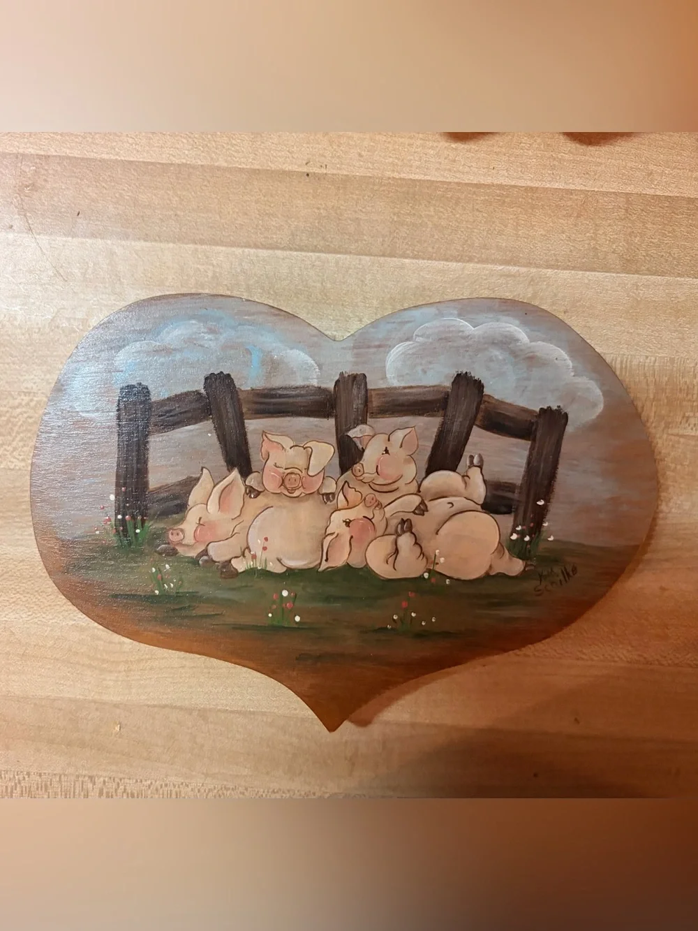 Heart-Shaped Pig Farm Wall Art - Beige